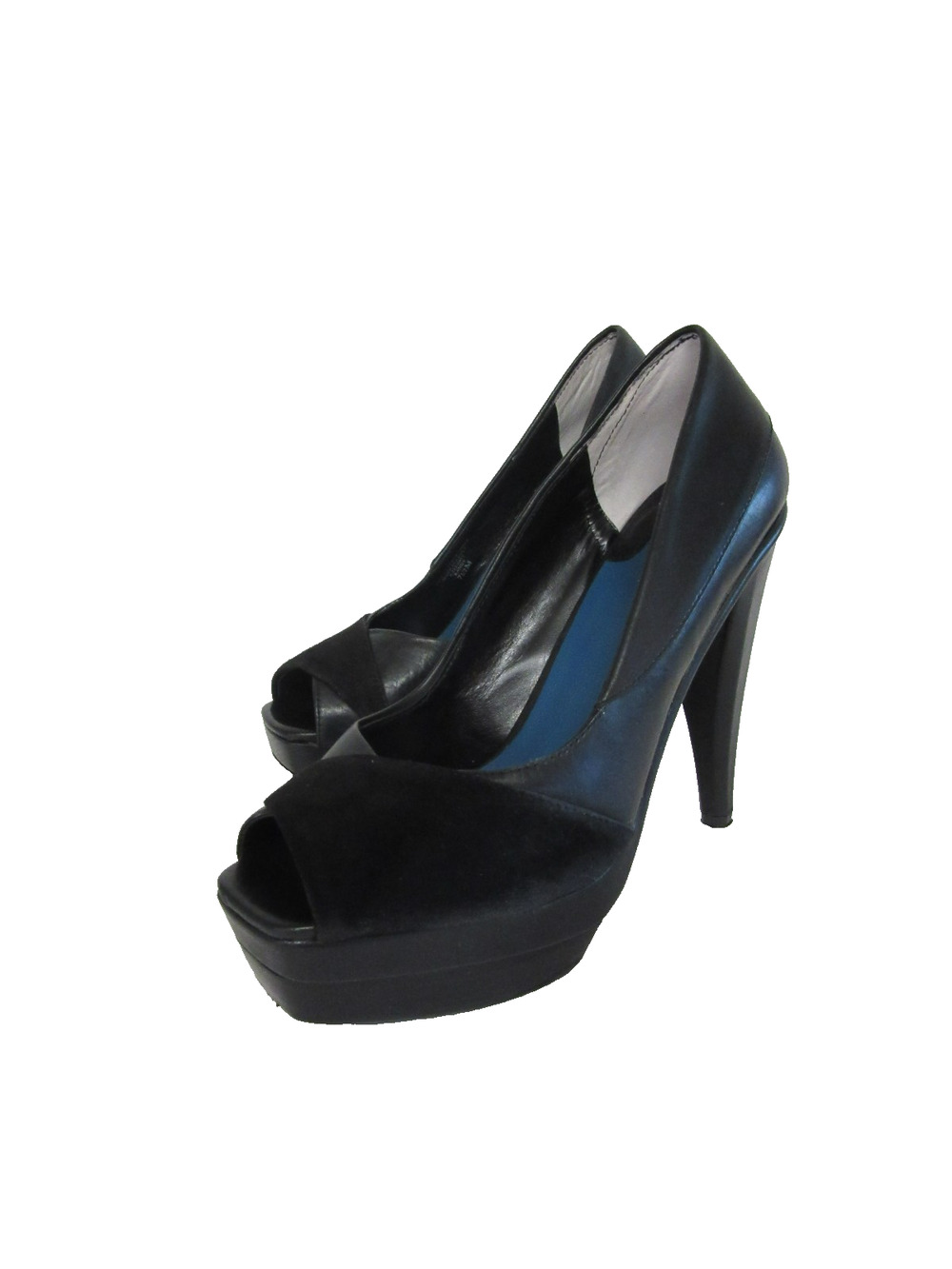MAX STUDIO Randy Black Suede/Leather Platform 7 1/2 High Heel Peep Toe Shoes